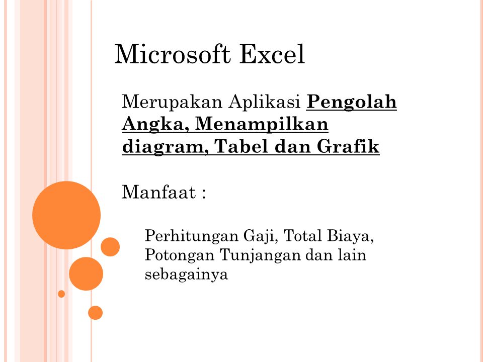 Microsoft Excel Merupakan Aplikasi Pengolah Angka, Menampilkan diagram, Tabel dan Grafik. Manfaat :