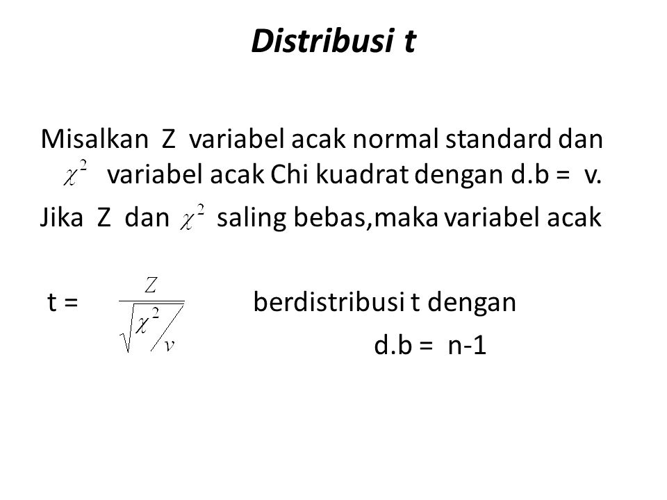 Distribusi t Misalkan Z variabel acak normal standard dan variabel acak Chi kuadrat dengan d.b = v.