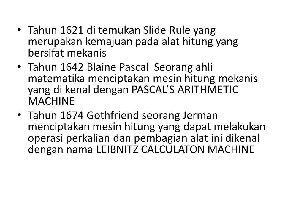 Tahun 1621 di temukan Slide Rule yang merupakan kemajuan pada alat hitung yang bersifat mekanis