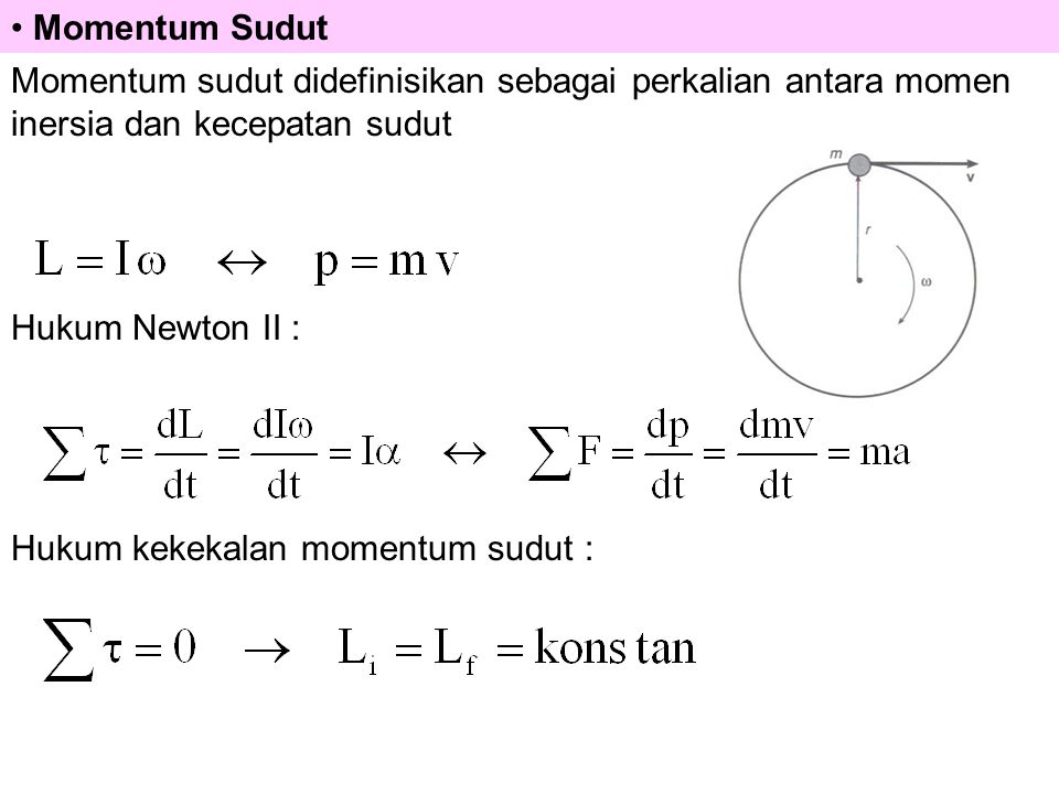 Momentum Sudut Momentum sudut didefinisikan sebagai perkalian antara momen inersia dan kecepatan sudut.