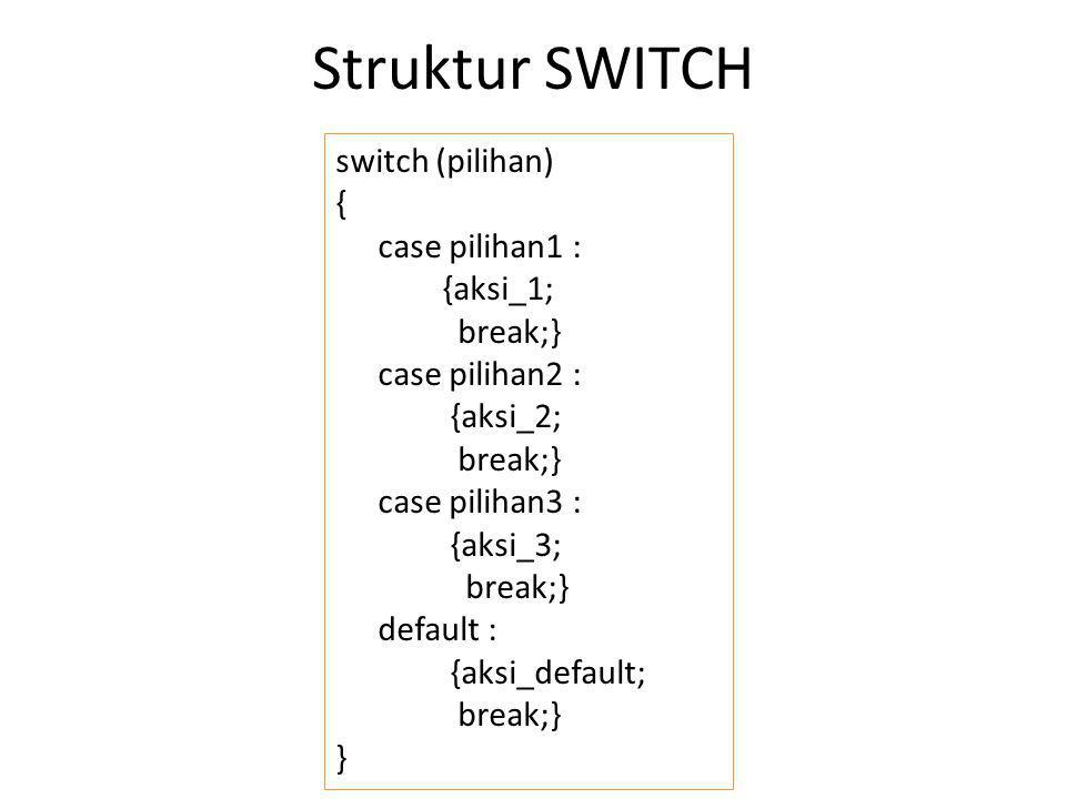 Struktur SWITCH switch (pilihan) { case pilihan1 : {aksi_1; break;}