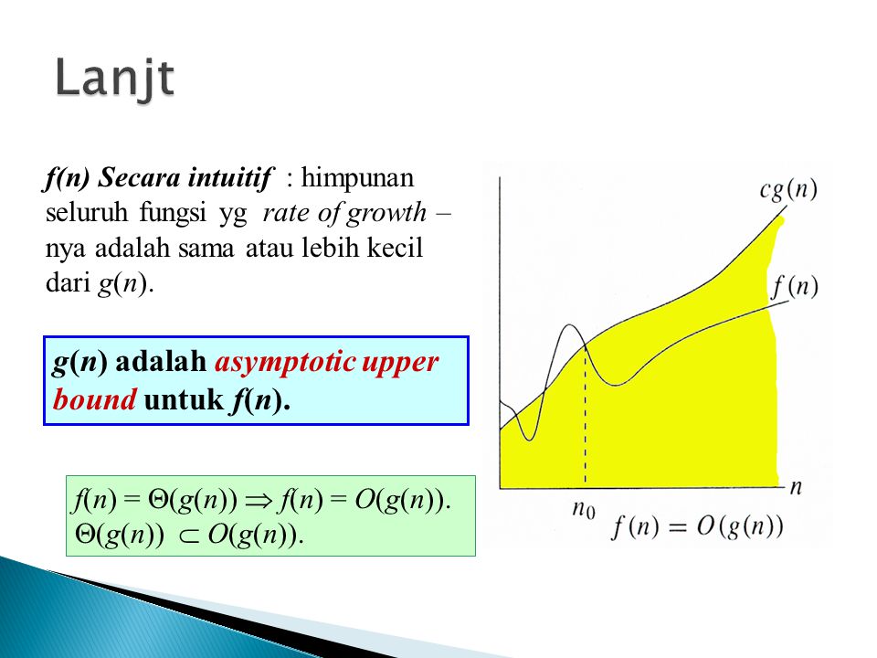 Lanjt g(n) adalah asymptotic upper bound untuk f(n).
