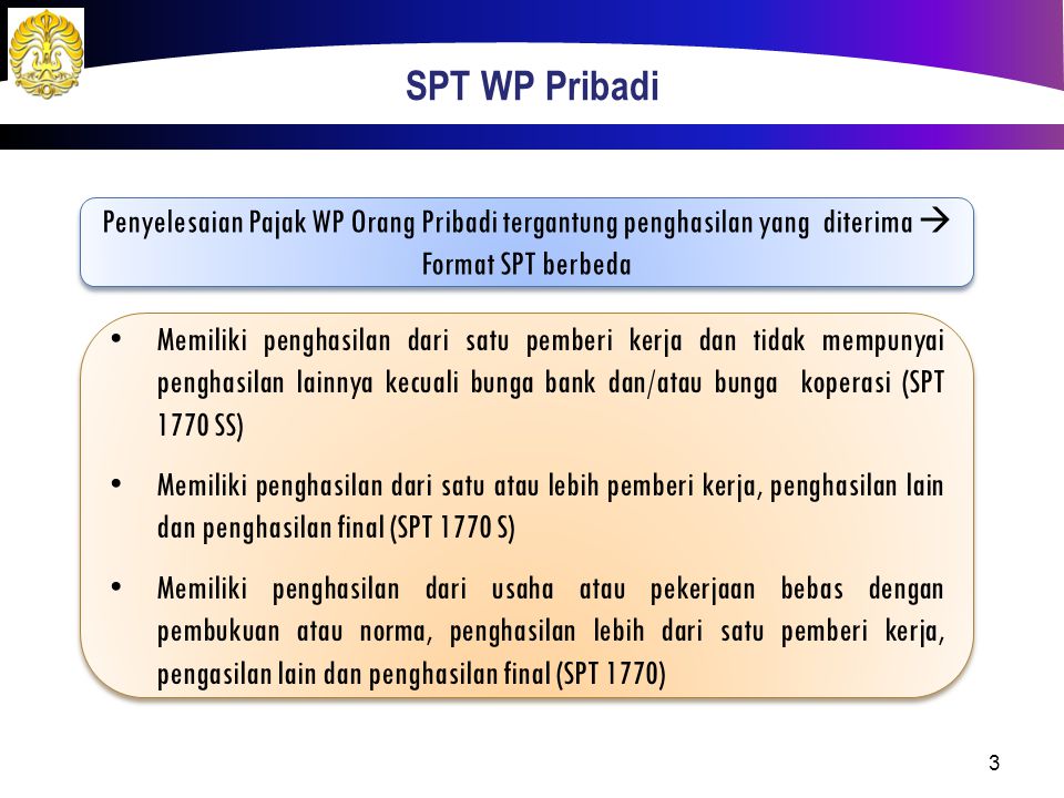 SPT WP Pribadi Penyelesaian Pajak WP Orang Pribadi tergantung penghasilan yang diterima  Format SPT berbeda.