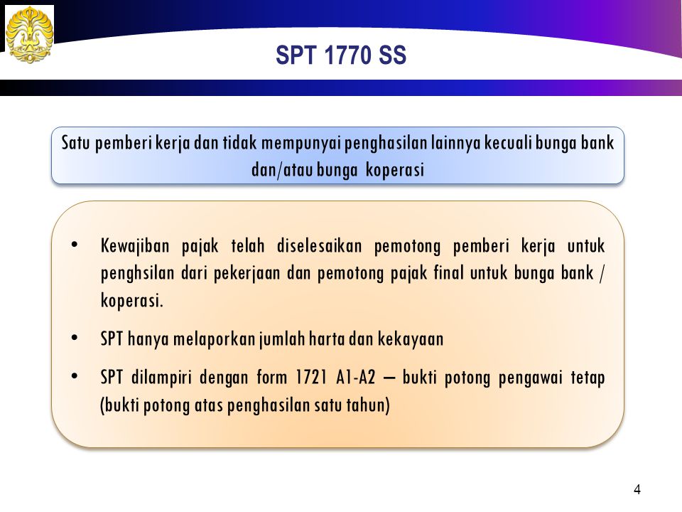 SPT 1770 SS Satu pemberi kerja dan tidak mempunyai penghasilan lainnya kecuali bunga bank dan/atau bunga koperasi.