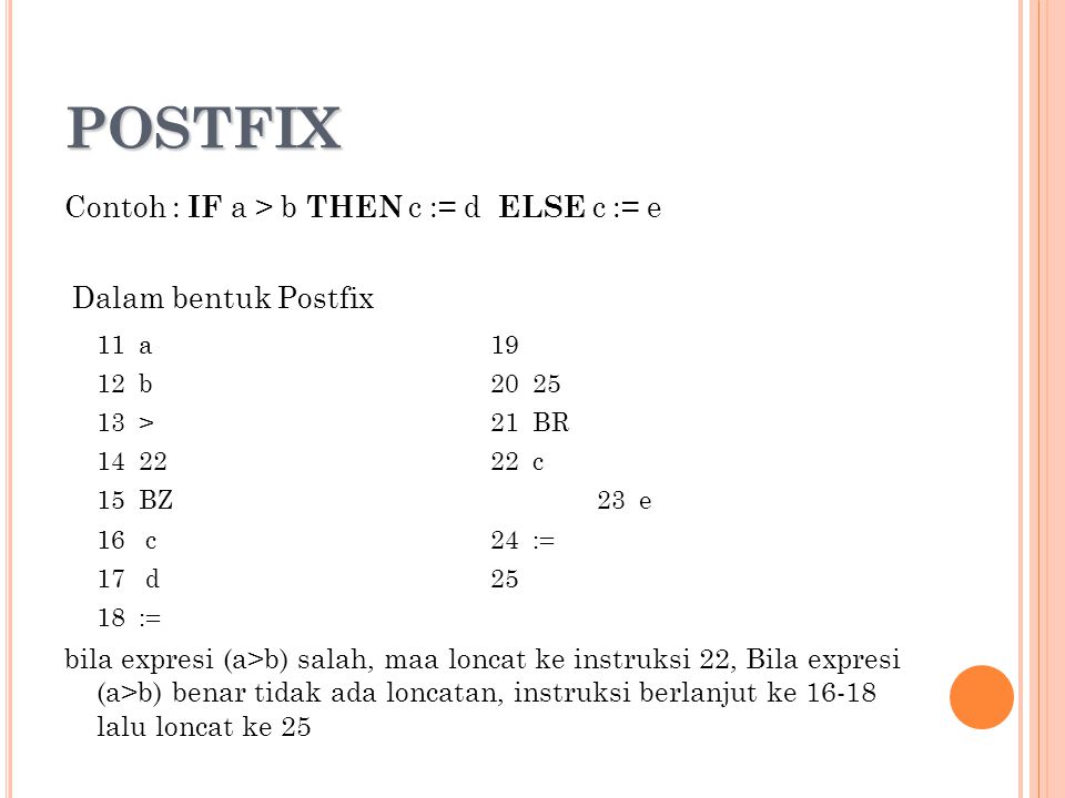 POSTFIX Contoh : IF a > b THEN c := d ELSE c := e