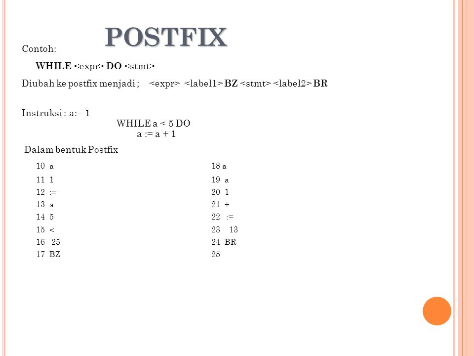 POSTFIX Contoh: WHILE <expr> DO <stmt>