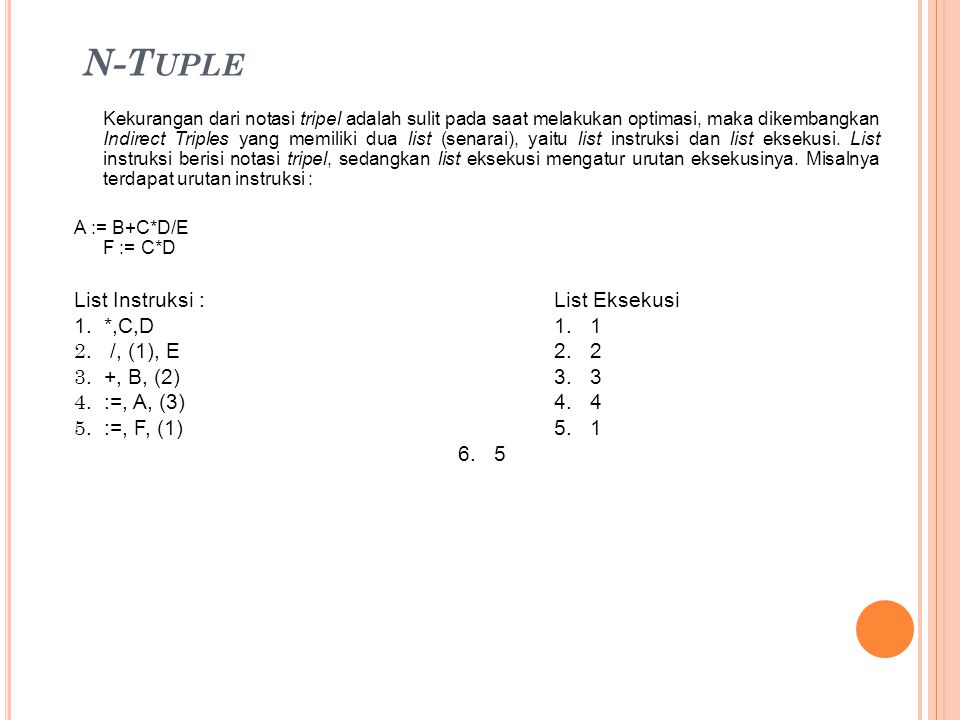N-Tuple List Instruksi : List Eksekusi 1. *,C,D /, (1), E 2. 2