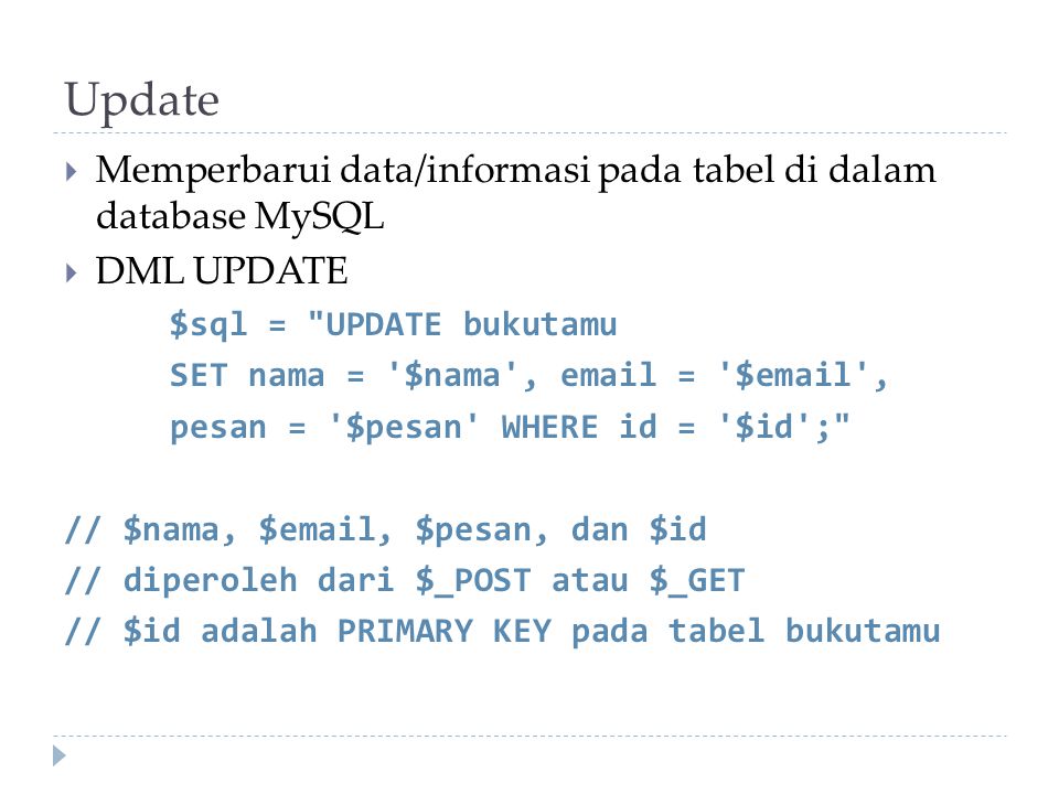 Update Memperbarui data/informasi pada tabel di dalam database MySQL