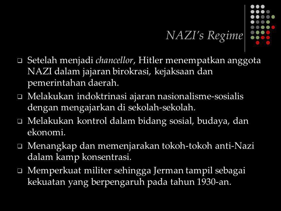 NAZI’s Regime Setelah menjadi chancellor, Hitler menempatkan anggota NAZI dalam jajaran birokrasi, kejaksaan dan pemerintahan daerah.