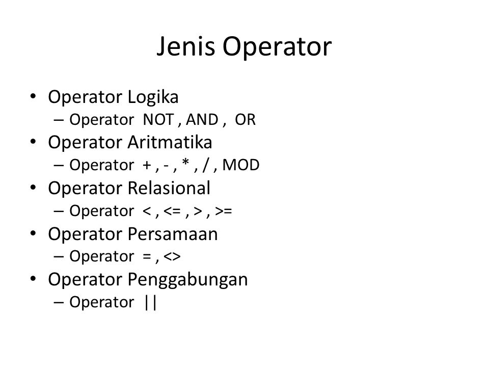 Jenis Operator Operator Logika Operator Aritmatika Operator Relasional
