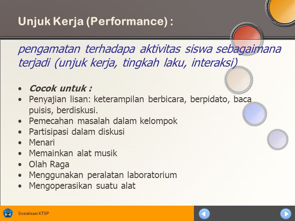 Unjuk Kerja (Performance) : pengamatan terhadapa aktivitas siswa sebagaimana terjadi (unjuk kerja, tingkah laku, interaksi)