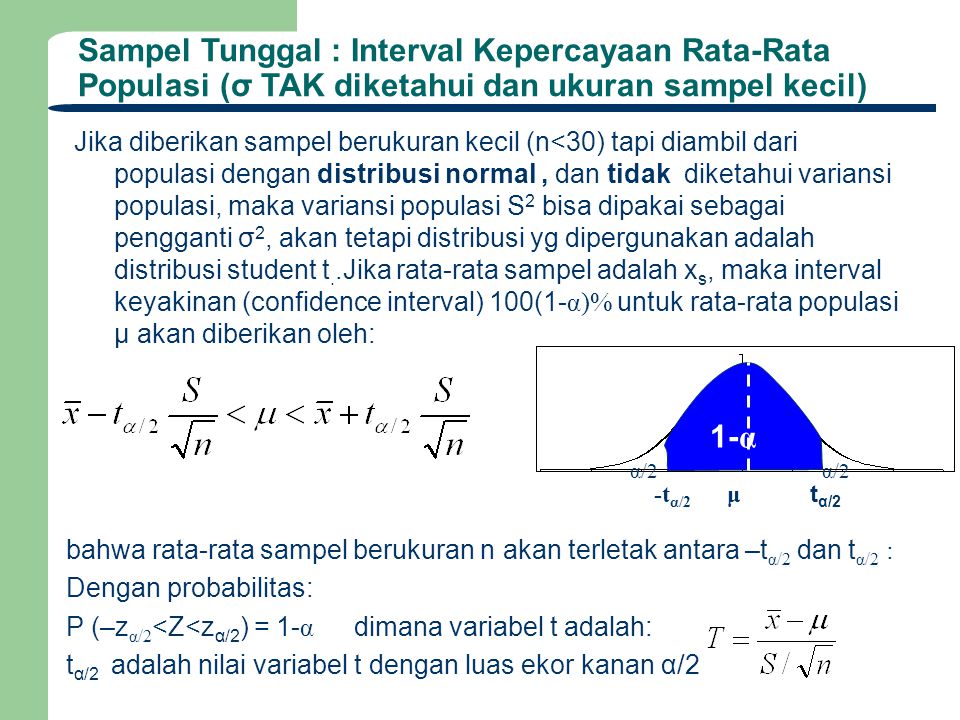 Sampel Tunggal : Interval Kepercayaan Rata-Rata Populasi (σ TAK diketahui dan ukuran sampel kecil)
