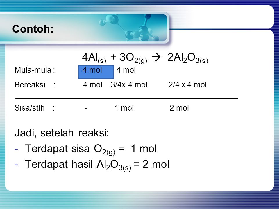 Terdapat sisa O2(g) = 1 mol Terdapat hasil Al2O3(s) = 2 mol