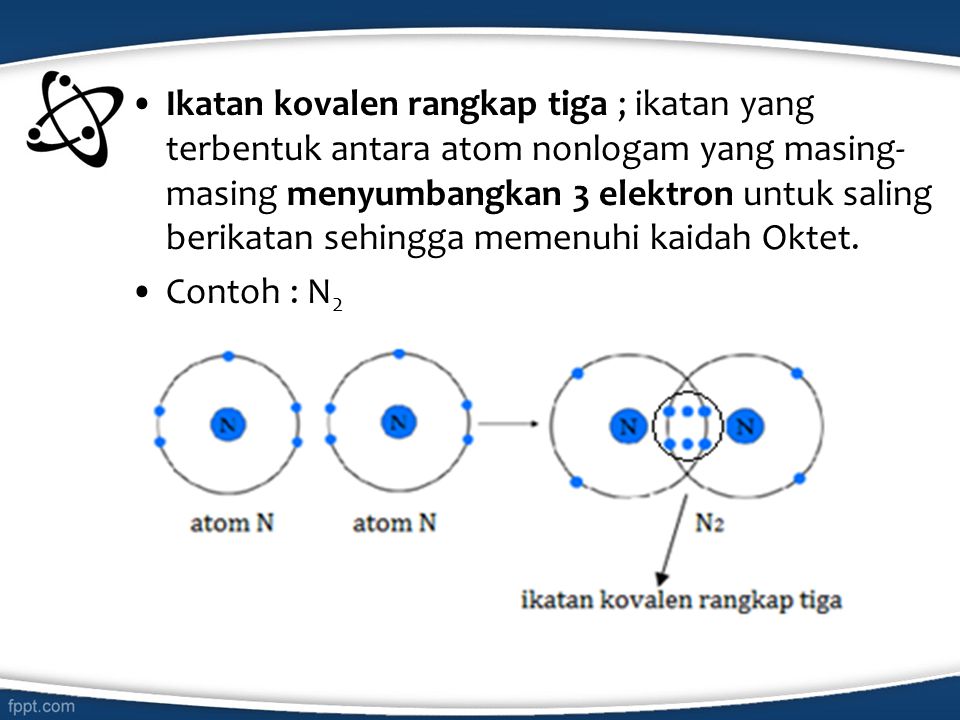 Ikatan kovalen rangkap tiga ; ikatan yang terbentuk antara atom nonlogam yang masing-masing menyumbangkan 3 elektron untuk saling berikatan sehingga memenuhi kaidah Oktet.