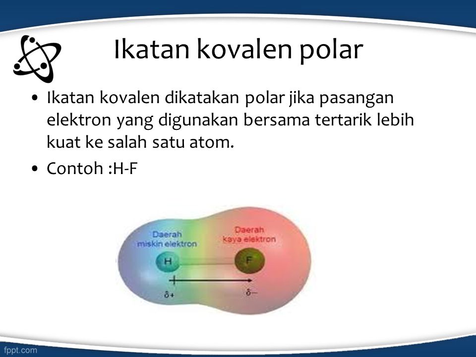 Ikatan kovalen polar Ikatan kovalen dikatakan polar jika pasangan elektron yang digunakan bersama tertarik lebih kuat ke salah satu atom.