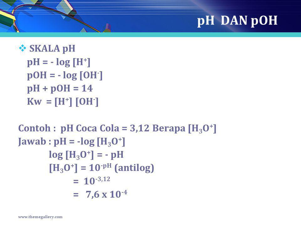 pH DAN pOH SKALA pH pH = - log [H+] pOH = - log [OH-] pH + pOH = 14