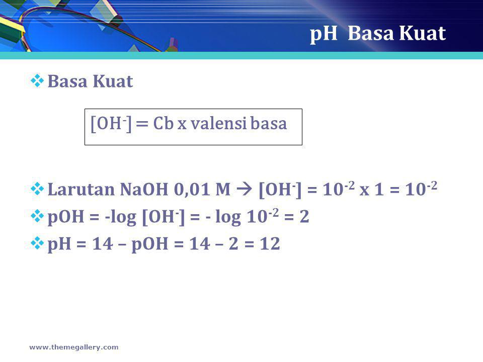 pH Basa Kuat Basa Kuat [OH-] = Cb x valensi basa