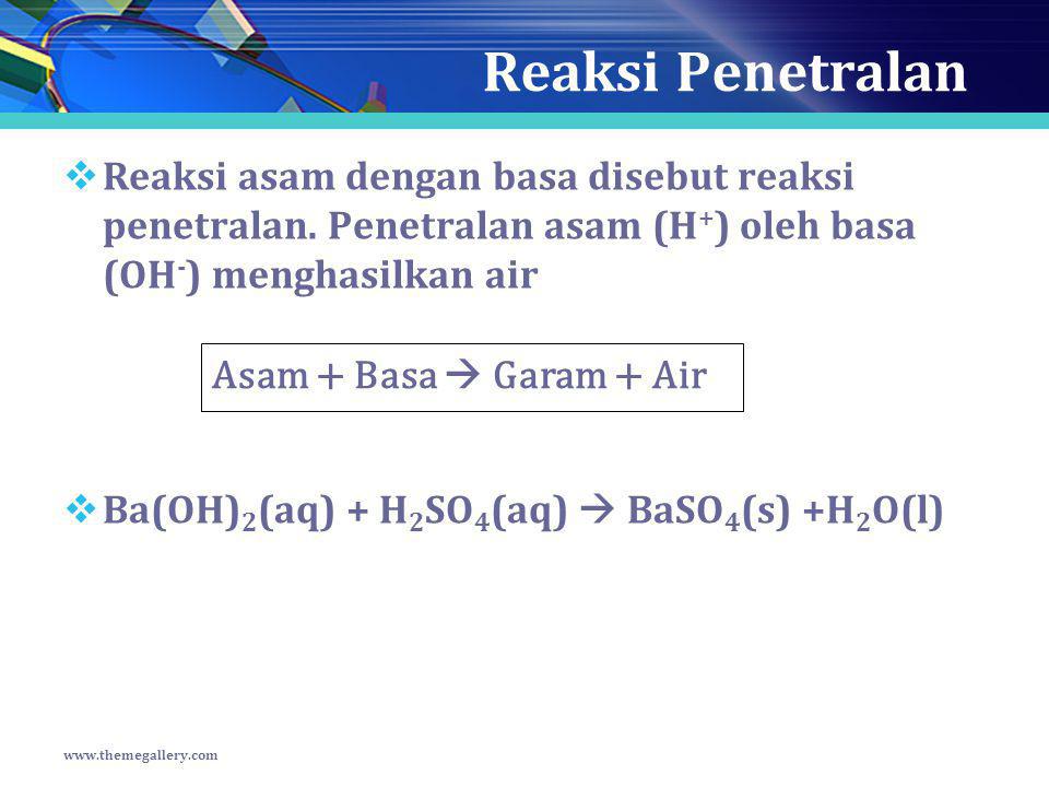 Reaksi Penetralan Reaksi asam dengan basa disebut reaksi penetralan. Penetralan asam (H+) oleh basa (OH-) menghasilkan air.
