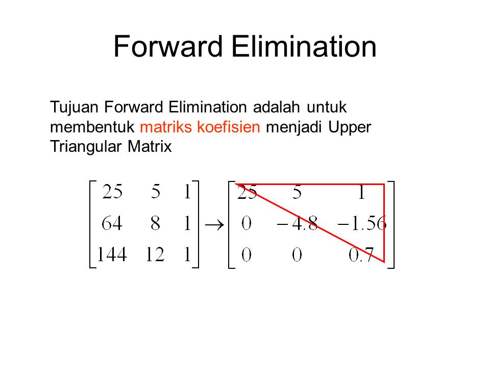 Forward Elimination Tujuan Forward Elimination adalah untuk membentuk matriks koefisien menjadi Upper Triangular Matrix.