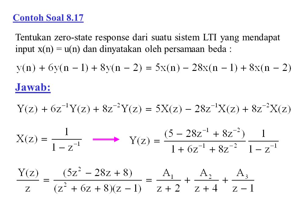 Contoh Soal 8.17 Tentukan zero-state response dari suatu sistem LTI yang mendapat input x(n) = u(n) dan dinyatakan oleh persamaan beda :