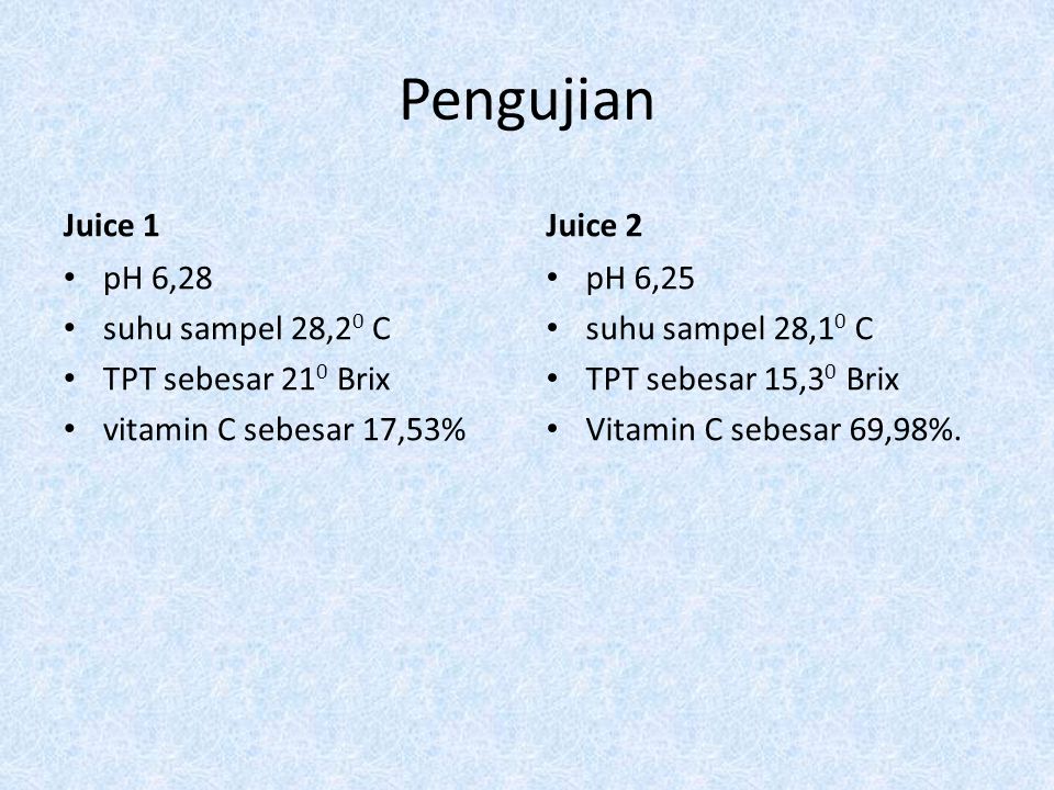 Pengujian Juice 1 Juice 2 pH 6,28 suhu sampel 28,20 C