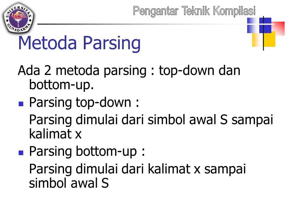 Metoda Parsing Ada 2 metoda parsing : top-down dan bottom-up.