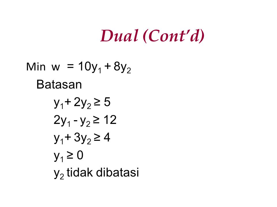 Dual (Cont’d) Min w = 10y1 + 8y2 Batasan y1+ 2y2 ≥ 5 2y1 - y2 ≥ 12 y1+ 3y2 ≥ 4 y1 ≥ 0 y2 tidak dibatasi