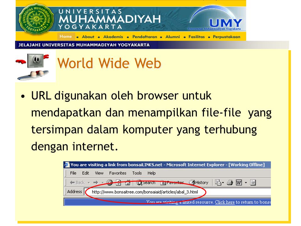 World Wide Web URL digunakan oleh browser untuk mendapatkan dan menampilkan file-file yang tersimpan dalam komputer yang terhubung dengan internet.