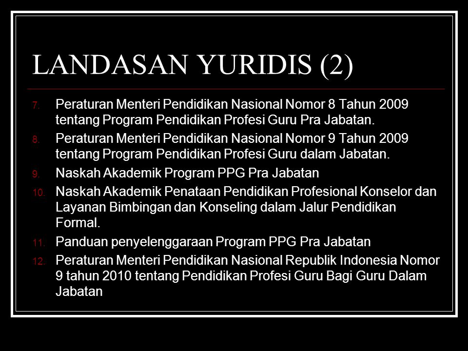LANDASAN YURIDIS (2) Peraturan Menteri Pendidikan Nasional Nomor 8 Tahun 2009 tentang Program Pendidikan Profesi Guru Pra Jabatan.