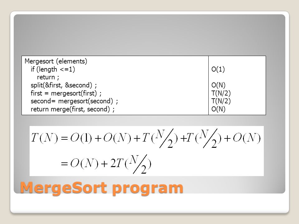 MergeSort program Mergesort (elements) if (length <=1) return ;