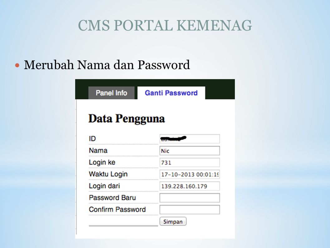 CMS PORTAL KEMENAG Merubah Nama dan Password