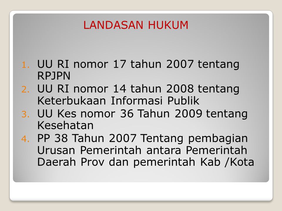 LANDASAN HUKUM UU RI nomor 17 tahun 2007 tentang RPJPN. UU RI nomor 14 tahun 2008 tentang Keterbukaan Informasi Publik.