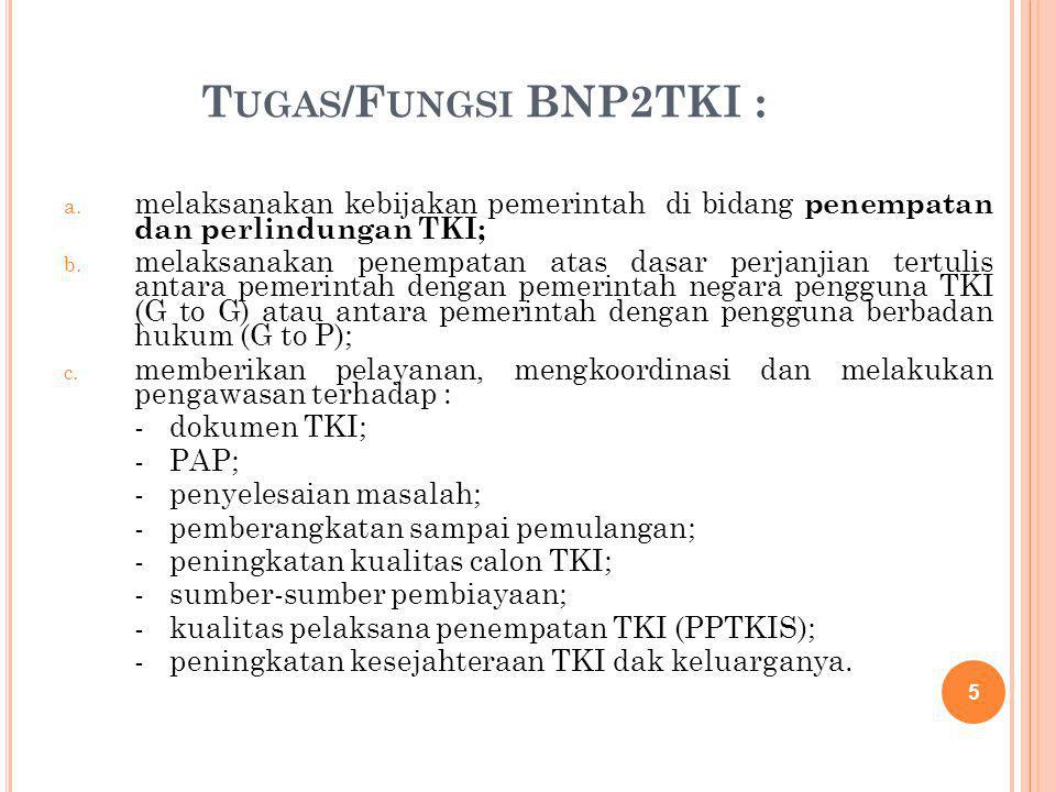 Tugas/Fungsi BNP2TKI : melaksanakan kebijakan pemerintah di bidang penempatan dan perlindungan TKI;