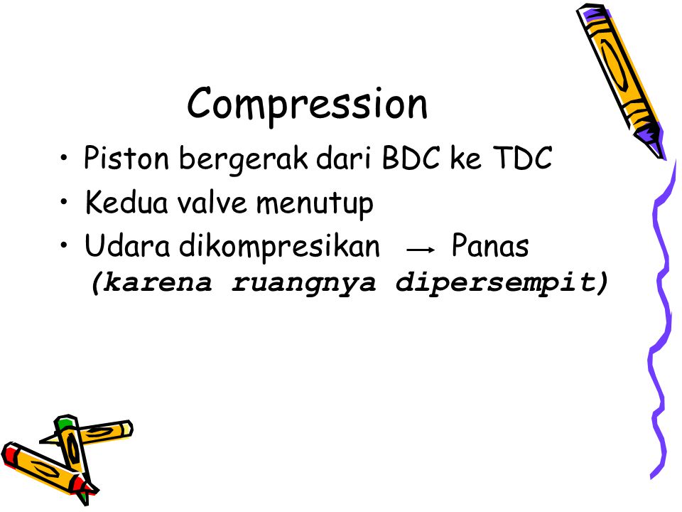 Compression Piston bergerak dari BDC ke TDC Kedua valve menutup