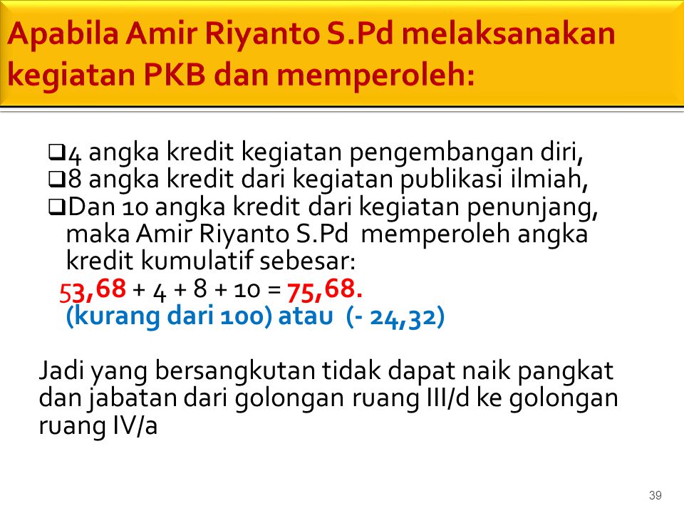 Apabila Amir Riyanto S.Pd melaksanakan kegiatan PKB dan memperoleh: