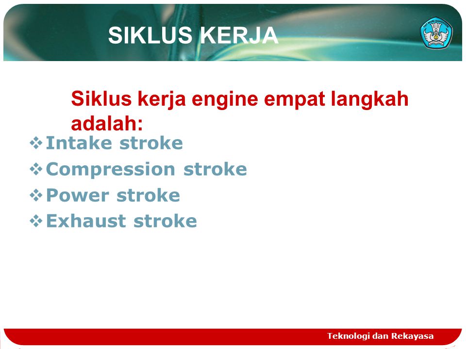 SIKLUS KERJA Siklus kerja engine empat langkah adalah: Intake stroke