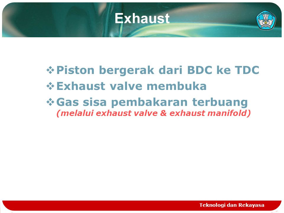 Exhaust Piston bergerak dari BDC ke TDC Exhaust valve membuka