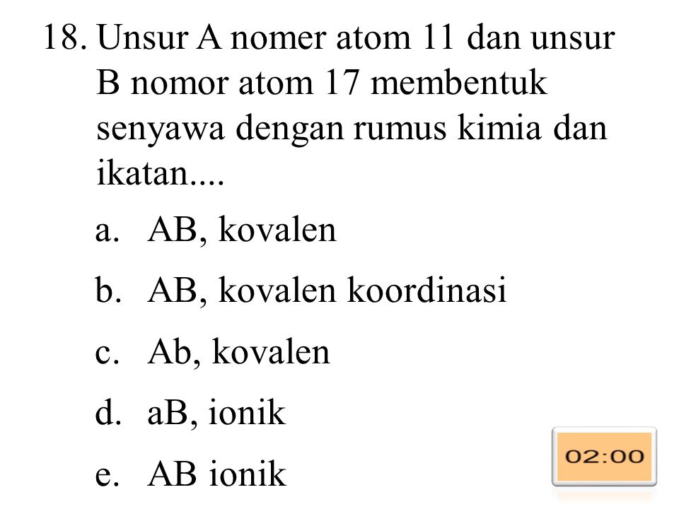 Unsur A nomer atom 11 dan unsur B nomor atom 17 membentuk senyawa dengan rumus kimia dan ikatan....