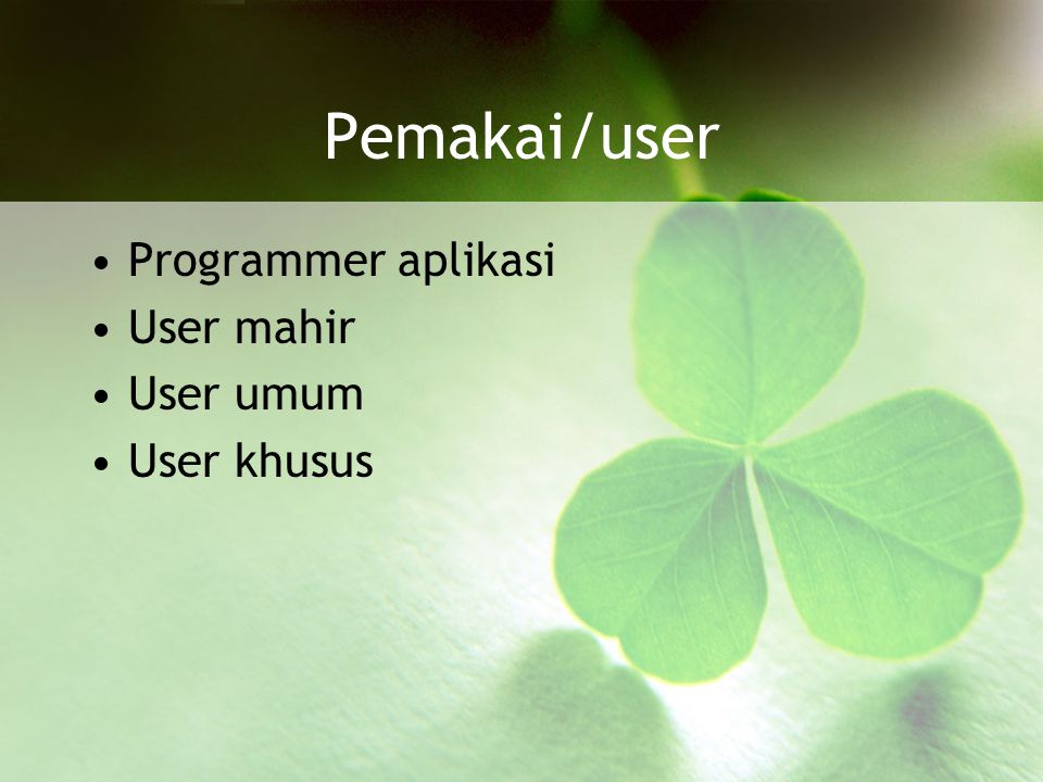 Pemakai/user Programmer aplikasi User mahir User umum User khusus