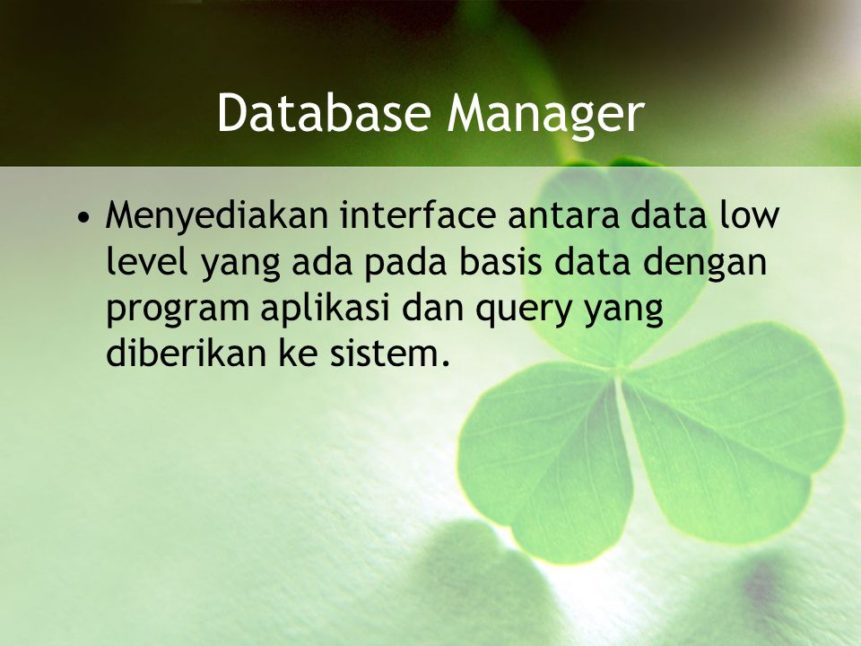 Database Manager Menyediakan interface antara data low level yang ada pada basis data dengan program aplikasi dan query yang diberikan ke sistem.