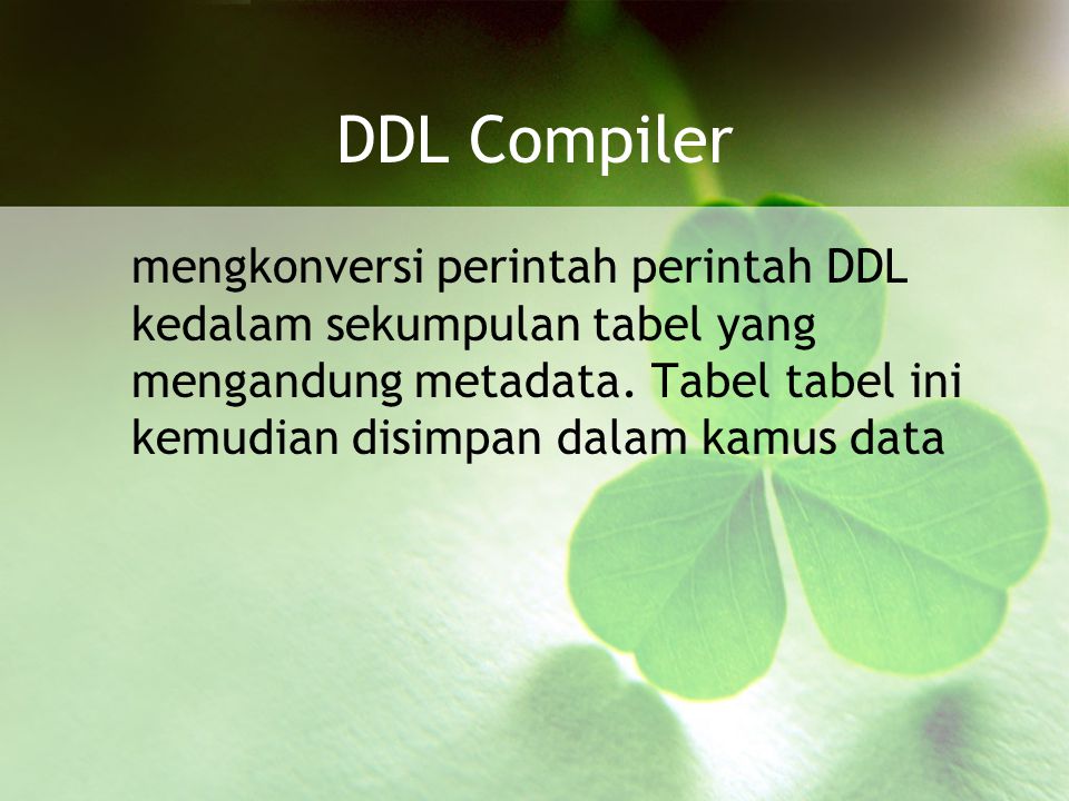 DDL Compiler mengkonversi perintah perintah DDL kedalam sekumpulan tabel yang mengandung metadata.