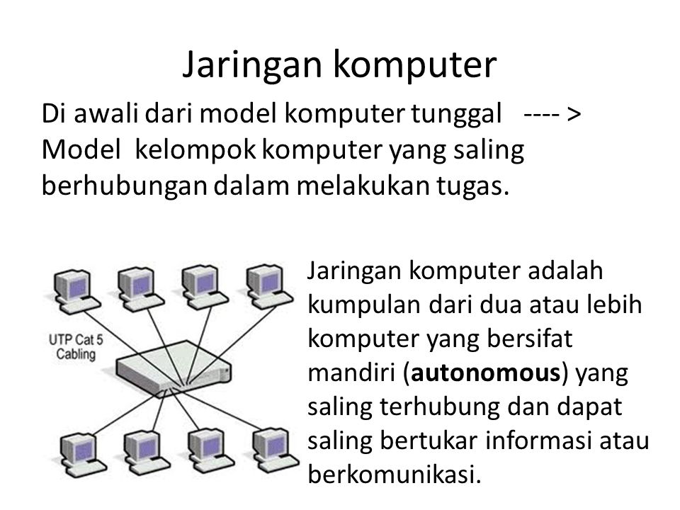 Jaringan komputer Di awali dari model komputer tunggal ---- > Model kelompok komputer yang saling berhubungan dalam melakukan tugas.
