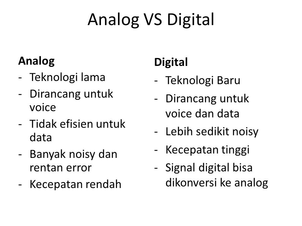 Analog VS Digital Analog Teknologi lama Dirancang untuk voice