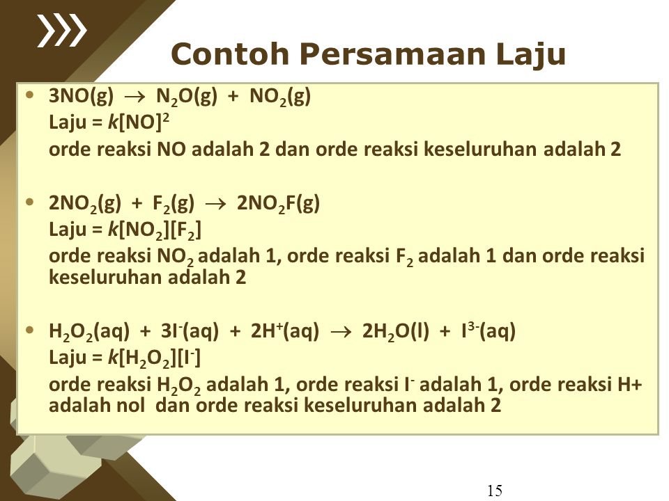 Contoh Persamaan Laju 3NO(g)  N2O(g) + NO2(g) Laju = k[NO]2