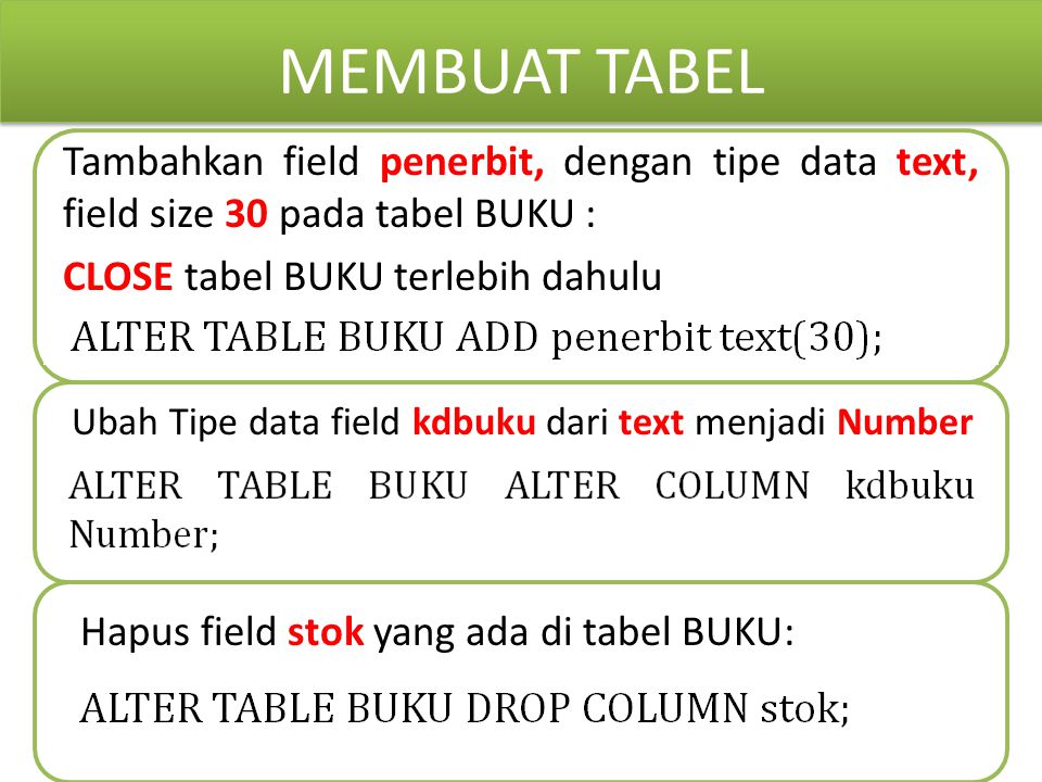 MEMBUAT TABEL Tambahkan field penerbit, dengan tipe data text, field size 30 pada tabel BUKU : CLOSE tabel BUKU terlebih dahulu