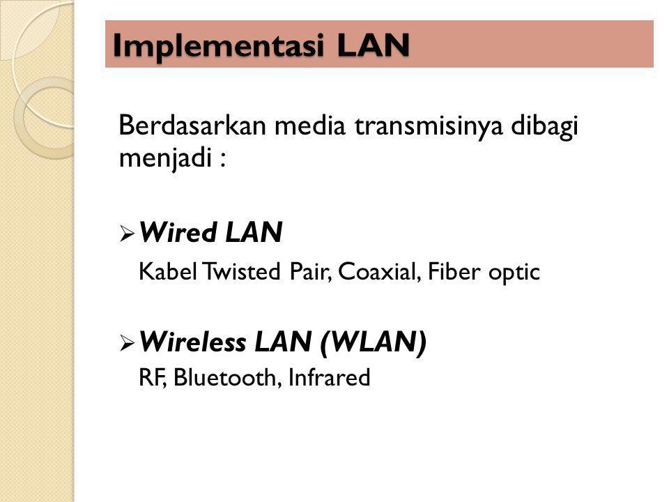 Implementasi LAN Berdasarkan media transmisinya dibagi menjadi :