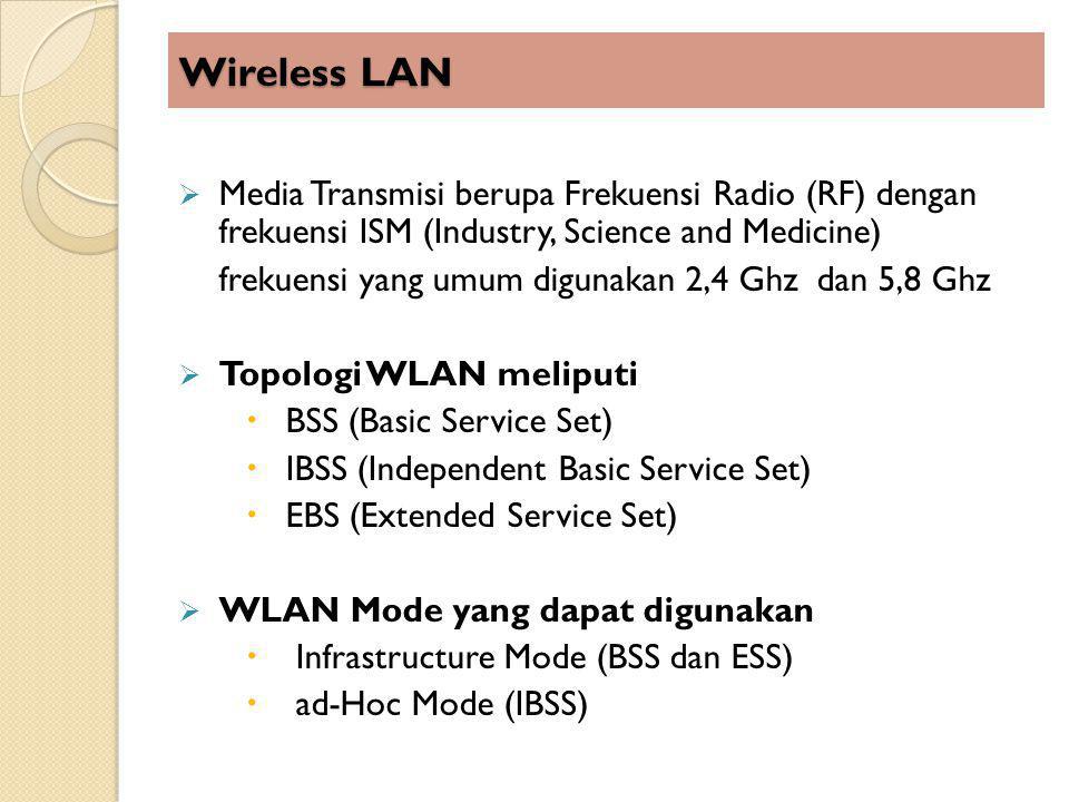 Wireless LAN Media Transmisi berupa Frekuensi Radio (RF) dengan frekuensi ISM (Industry, Science and Medicine)