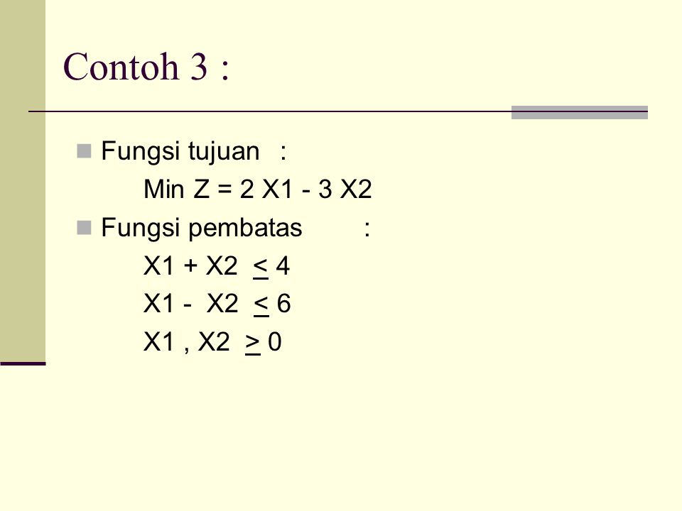 Contoh 3 : Fungsi tujuan : Min Z = 2 X1 - 3 X2 Fungsi pembatas :