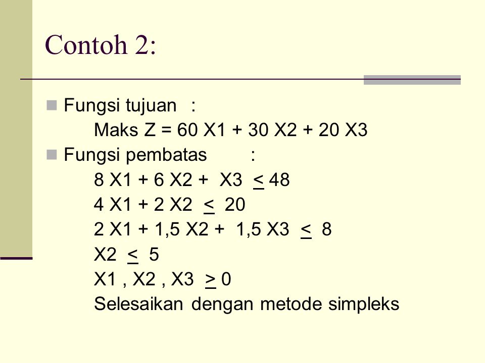 Contoh 2: Fungsi tujuan : Maks Z = 60 X X X3
