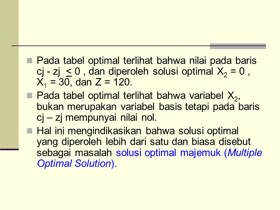 Pada tabel optimal terlihat bahwa nilai pada baris cj - zj < 0 , dan diperoleh solusi optimal X2 = 0 , X1 = 30, dan Z = 120.